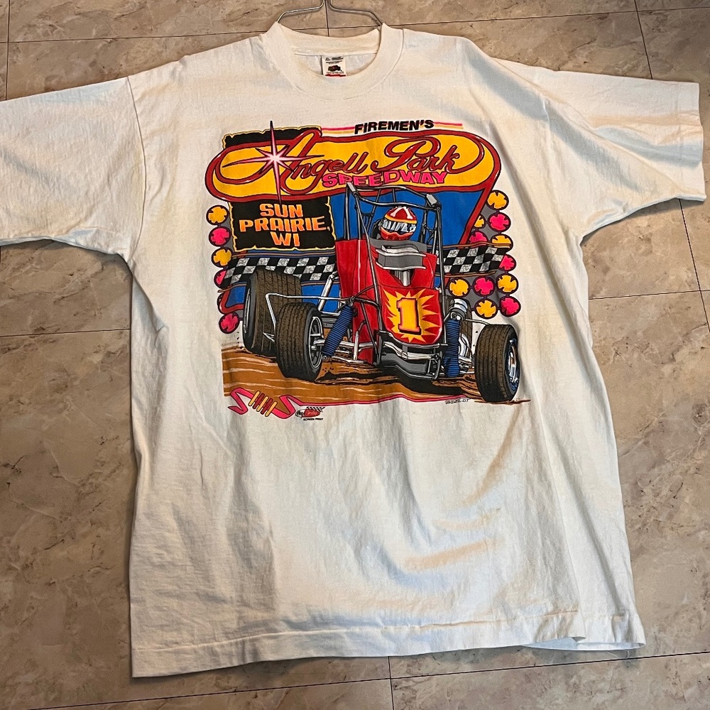 Vintage 90’s Angell Parkway Midget Car Racing Tshirt XL Wisconsin Mens Stains